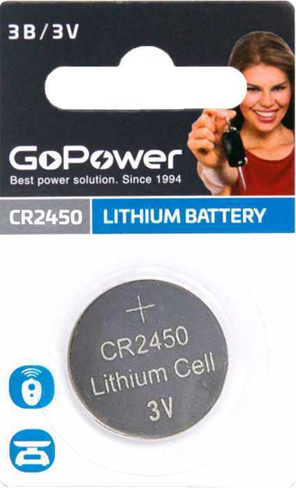 Батарейка GoPower CR2450 BL1 Lithium 3V (1/40/2000) Элементы питания (батарейки) фото, изображение